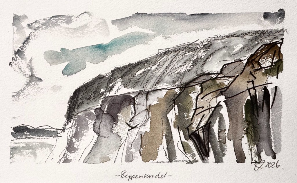Aquarellzeichnung eines felsigen Anblicks mit sanften, grauen und braunen Tönen, die an eine Küstenlandschaft erinnern.
