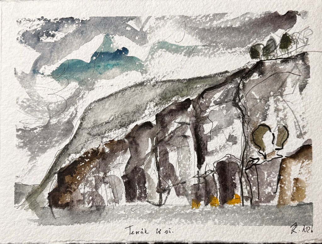 Aquarellzeichnung einer bergigen Landschaft mit grauen und braunen Tönen, künstlerisch interpretiert mit abstrakten Formen und Details.