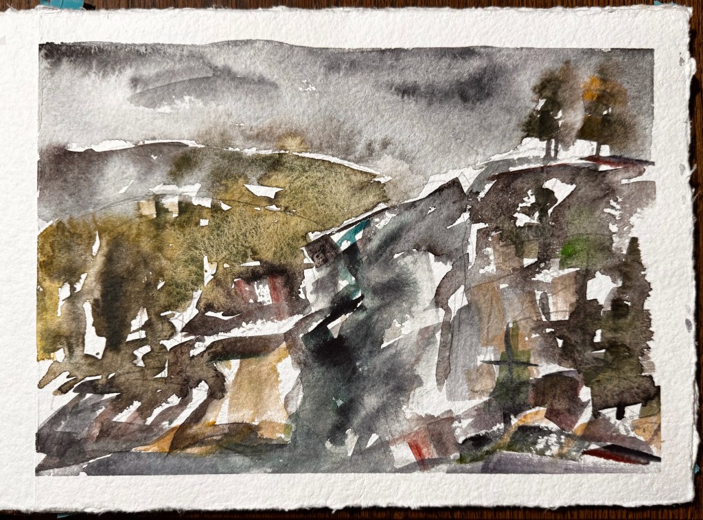 Aquarellmalerei einer Landschaft mit dunklem Himmel, Hügeln und Bäumen auf einer Klippe.